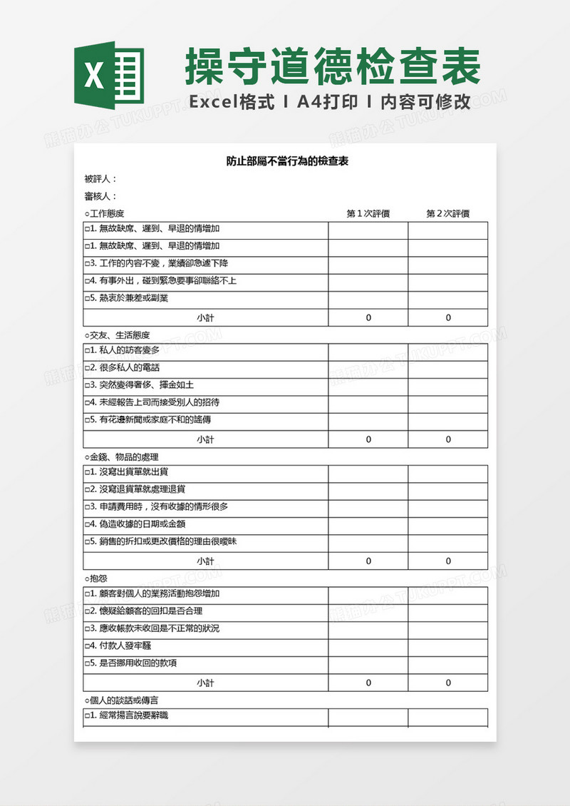 内部操守道德检查表Excel表