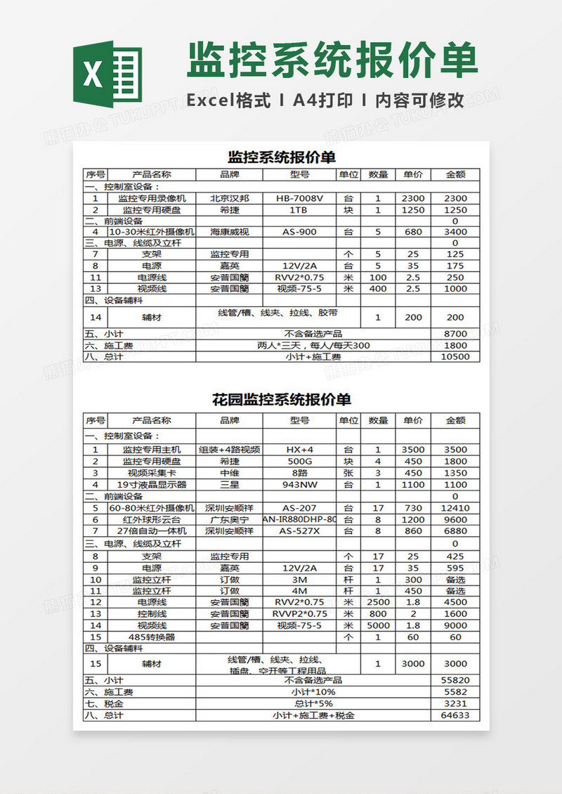 监控系统报价单表格