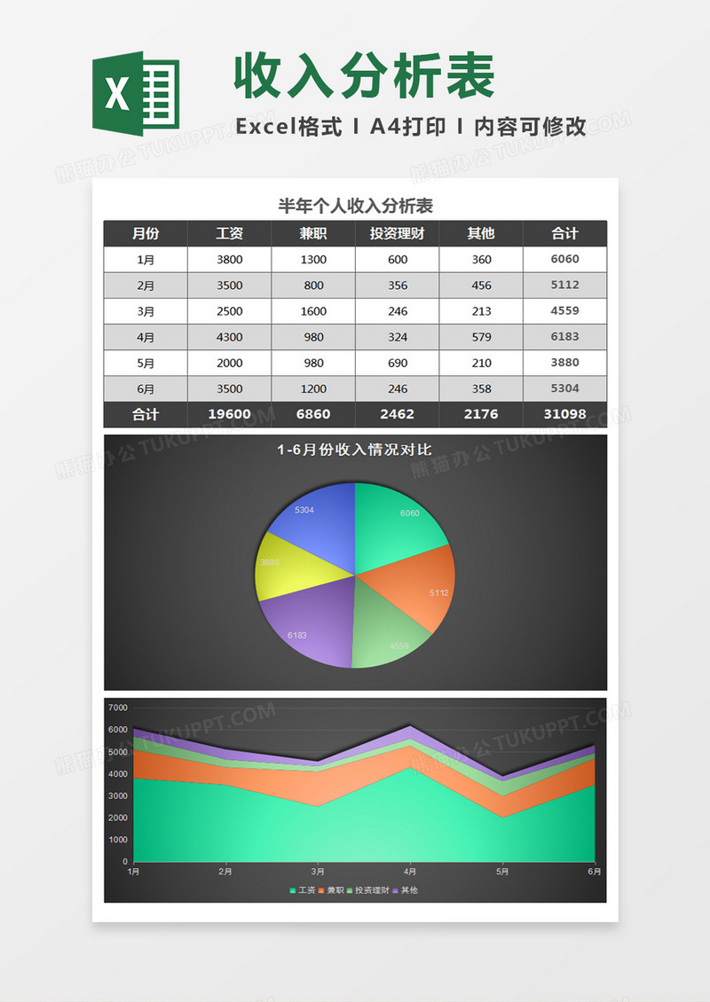 黑色半年个人收入分析表excel模板