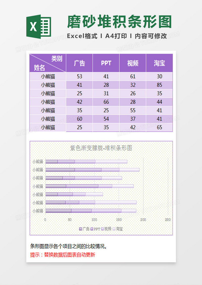 紫色雾面磨砂堆积条形图excel模板