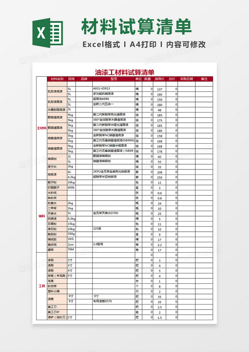 油漆工材料试算清单