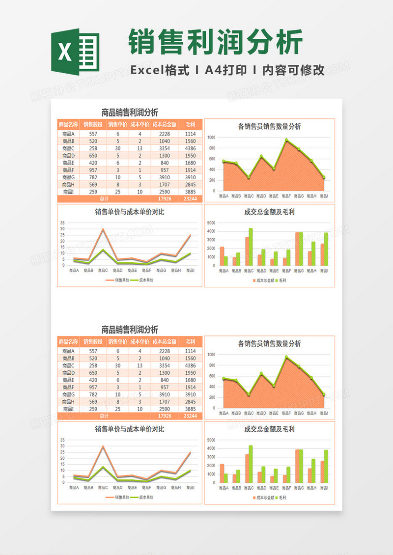 纹理填充商品销售利润分析excel模板