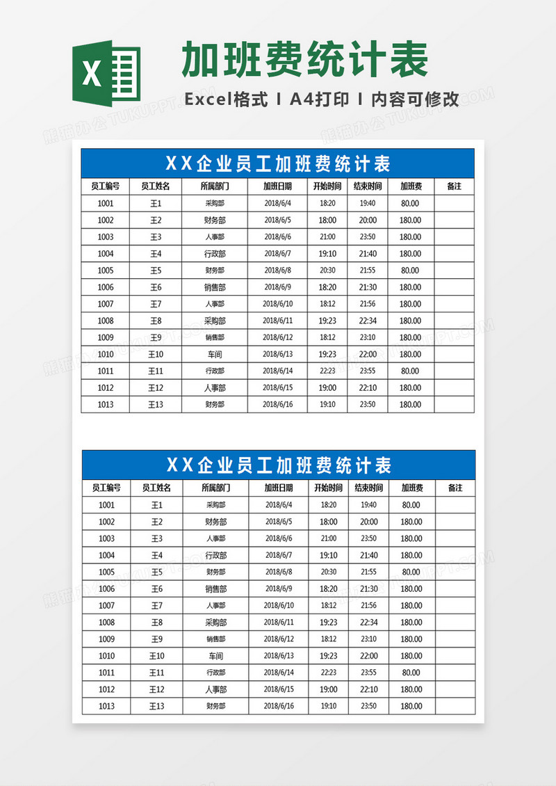 企业员工加班费统计表Excel表格