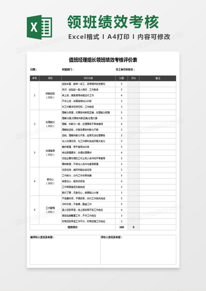 值班经理组长领班绩效考核评价Excel表格