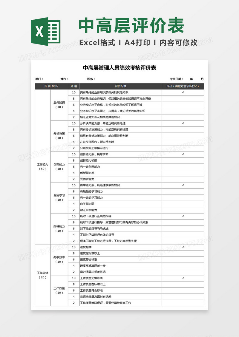 中高层管理人员绩效考核评价Excel表格