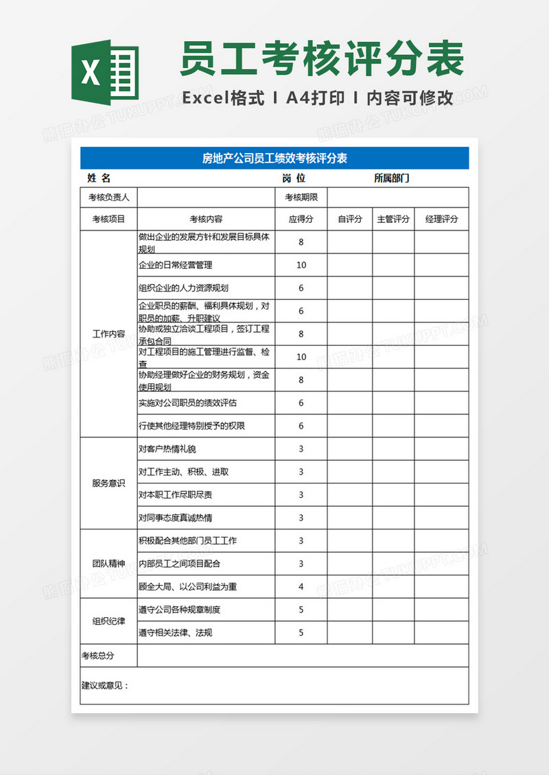 员工绩效考核评分Excel表格