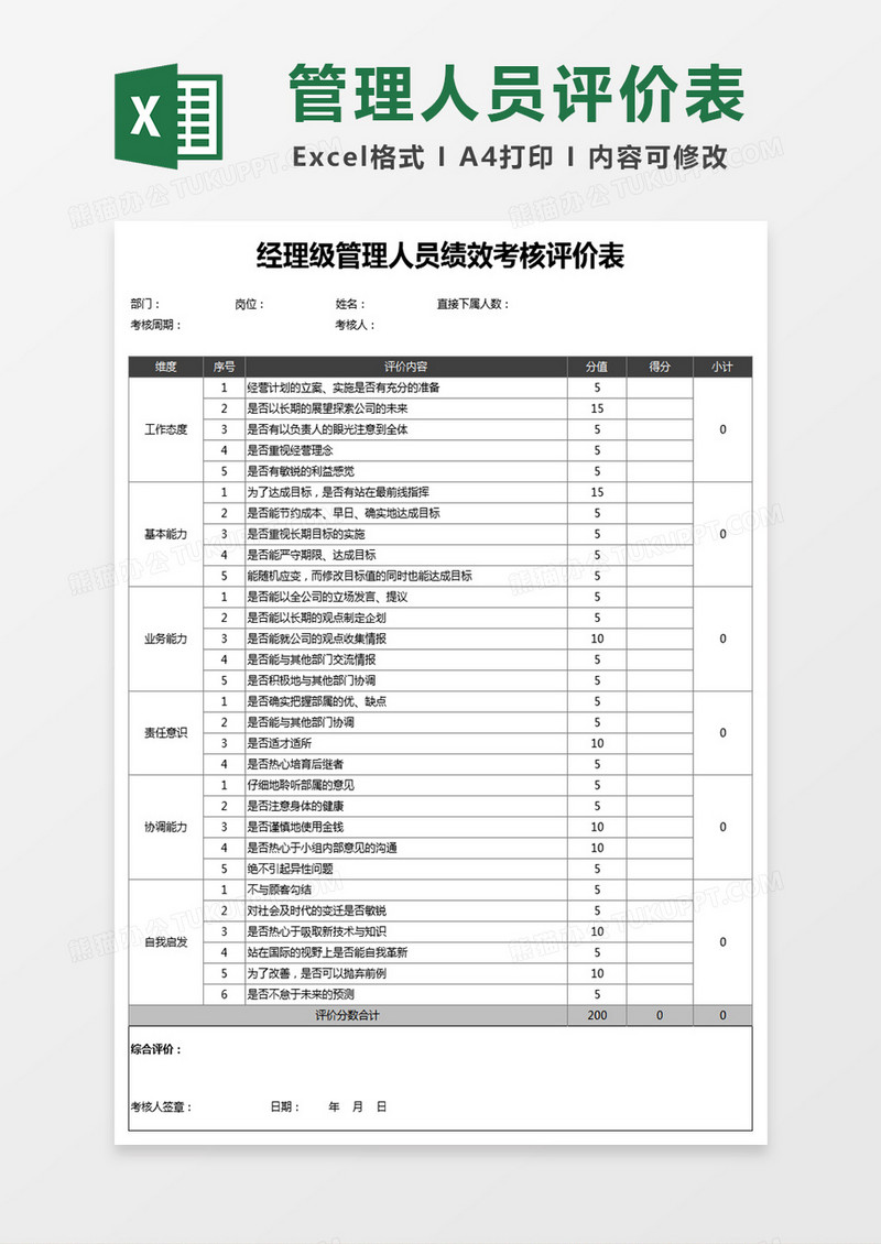 经理级管理人员绩效考核评价表Excel表格