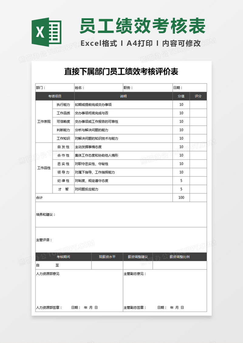 直接下属部门员工绩效考核评价表Excel表格