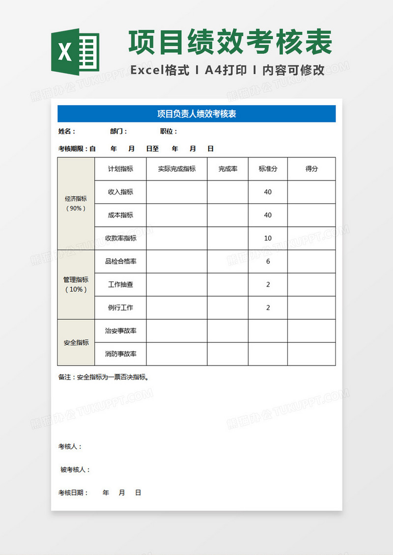 项目负责人绩效考核表模板Excel表格