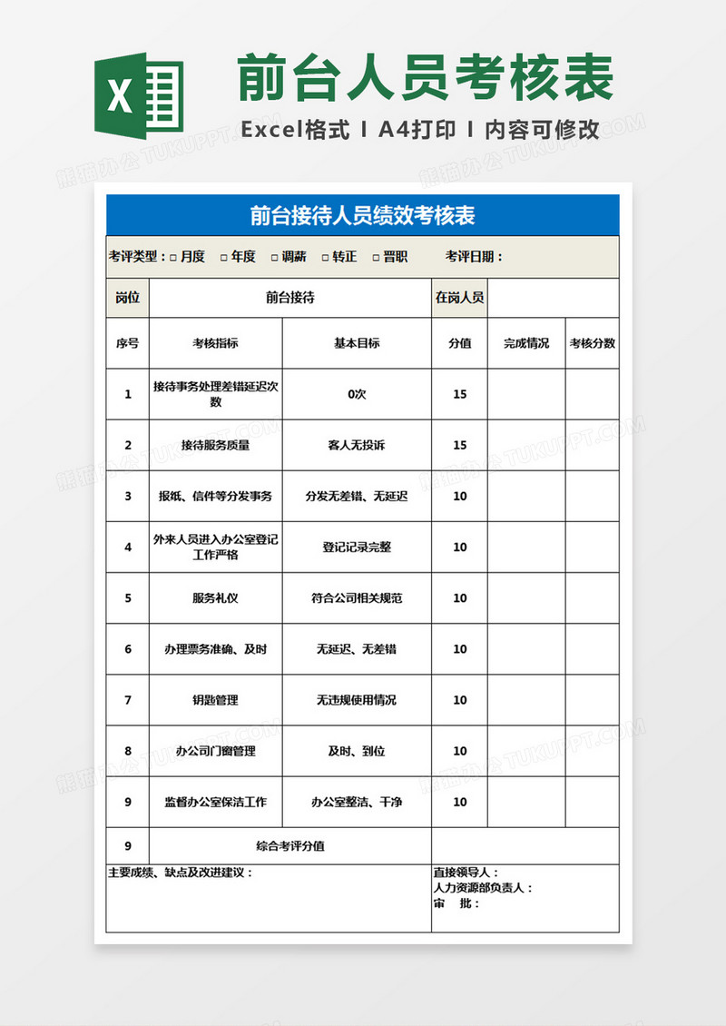 前台接待人员绩效考核表Excel表格