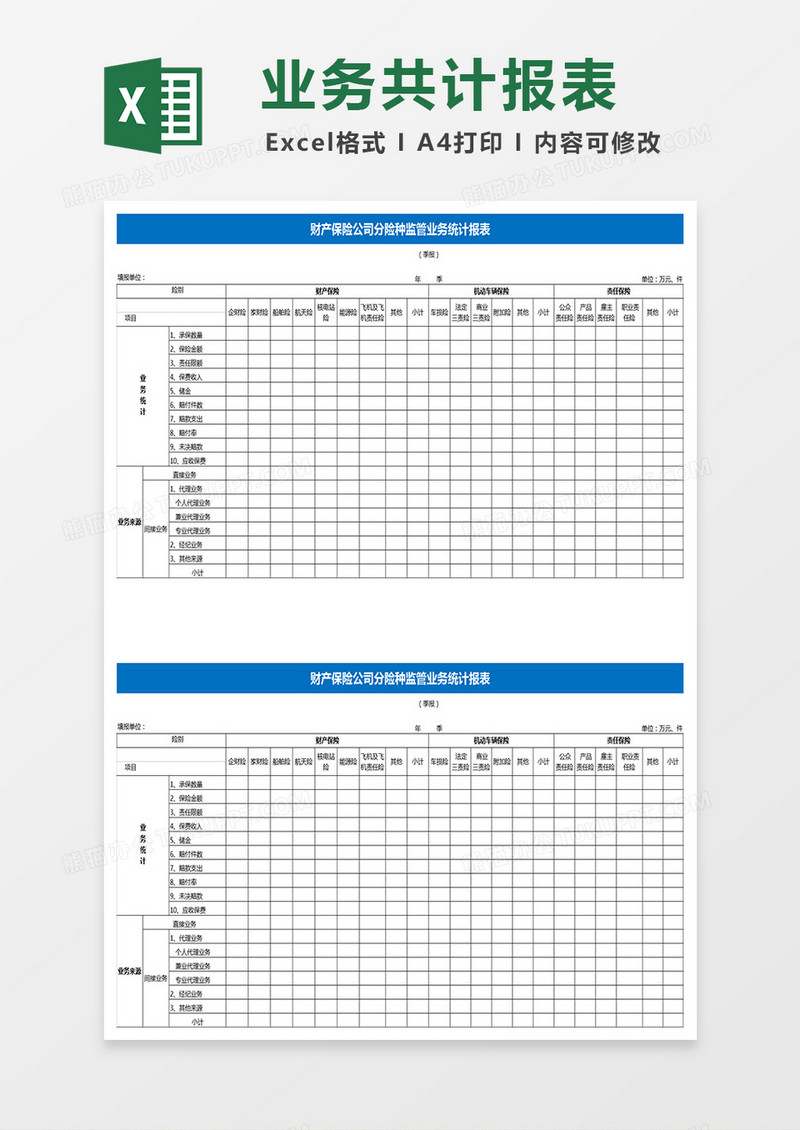 财产保险公司分险种监管业务统计报表Excel表格