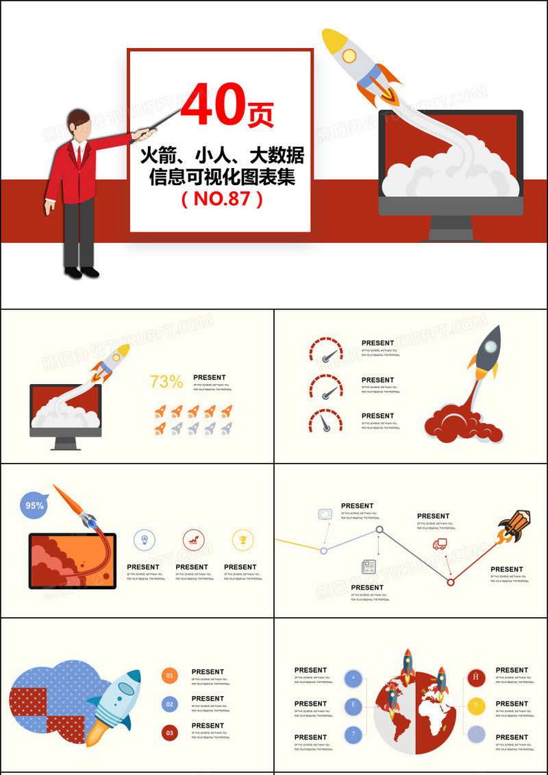 40页火箭小人大数据信息可视化PPT图表