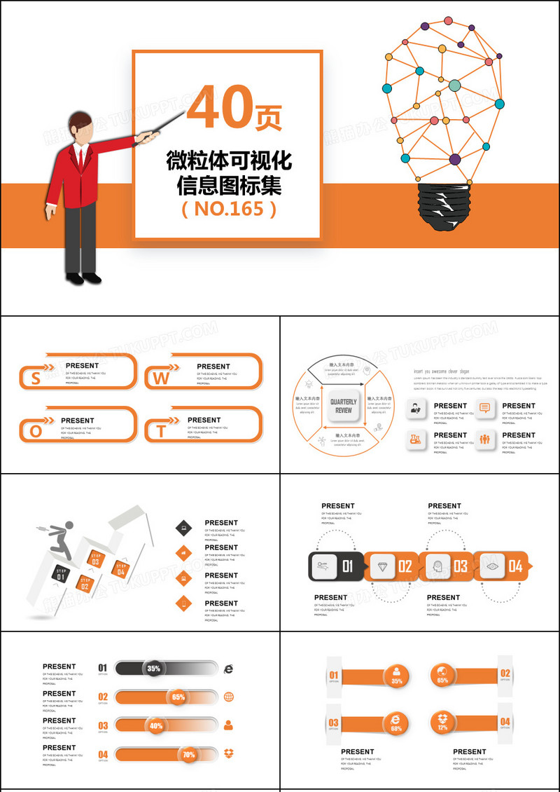 40页橙色微粒体信息可视化图表集PPT模板