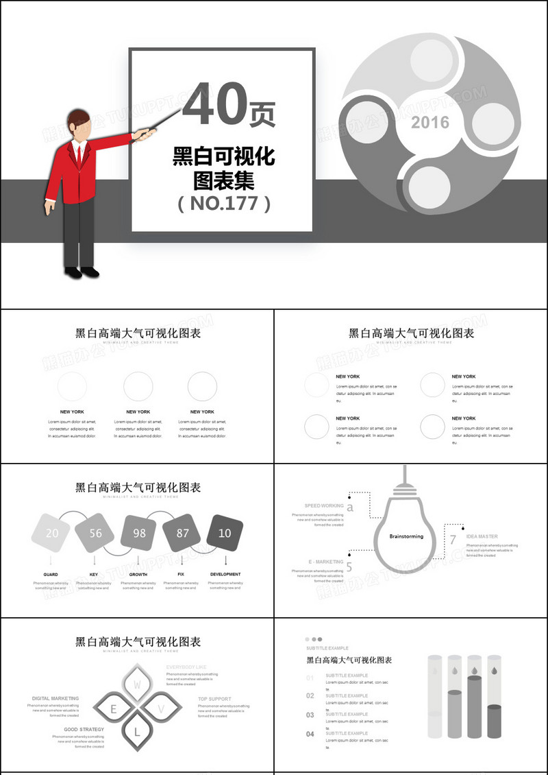 40套黑白可视化PPT图表模板