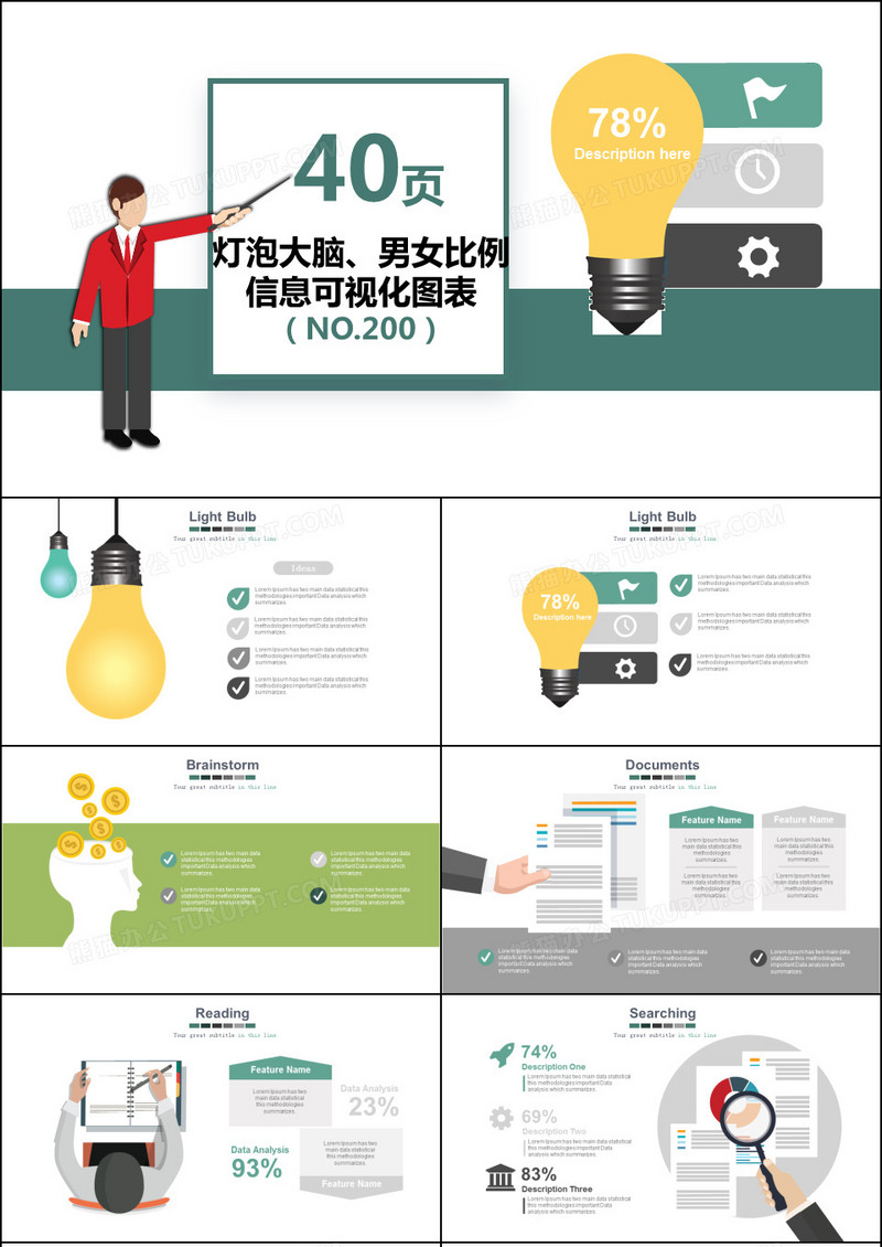 灯泡大脑男女比例对比可视化PPT图表