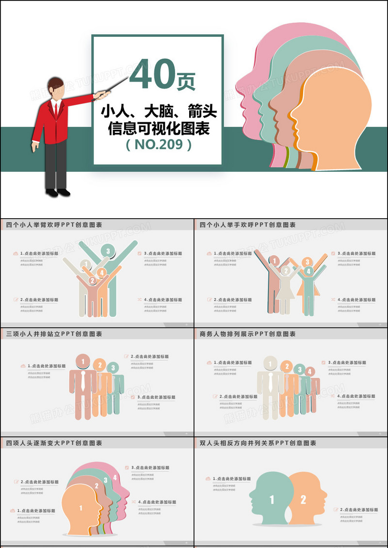 40页小人大脑箭头信息可视化PPT图表