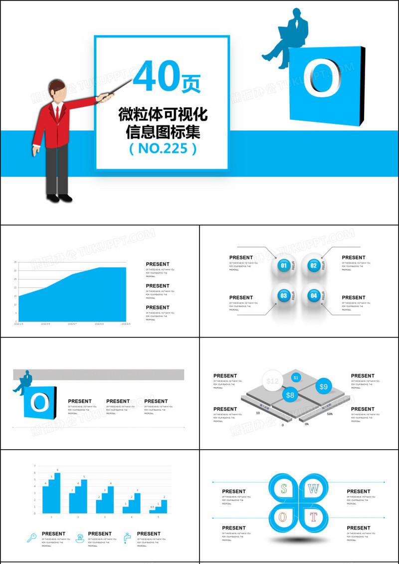 40页浅蓝微粒体信息可视化图表集PPT模板