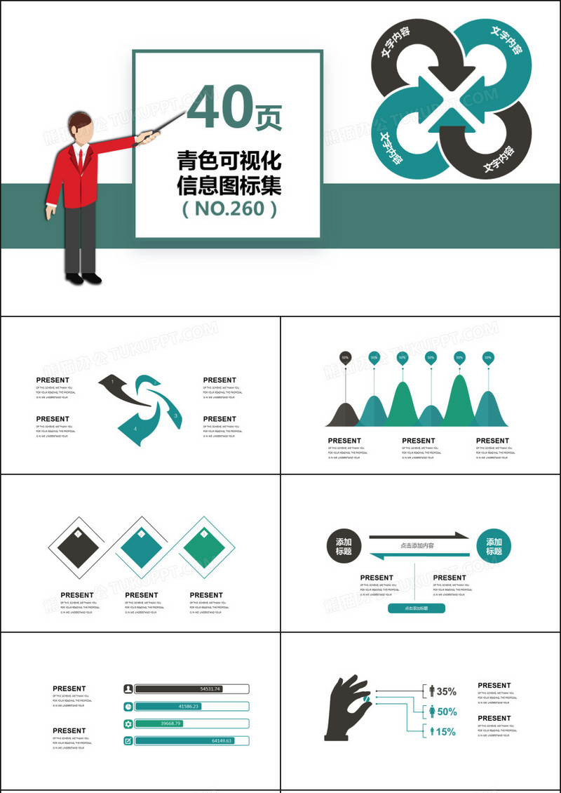 40页青色可视化图表集PPT模板