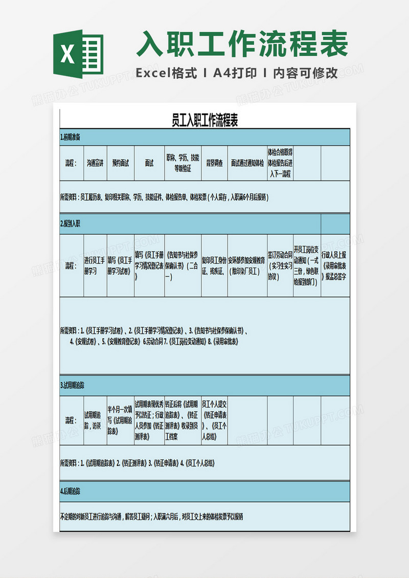 员工入职工作流程表Excel表格