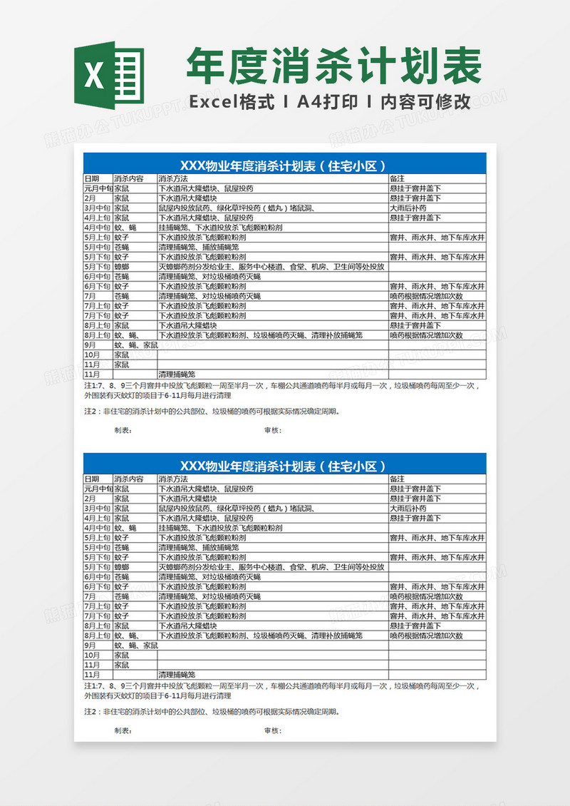年度消杀计划表Excel表格