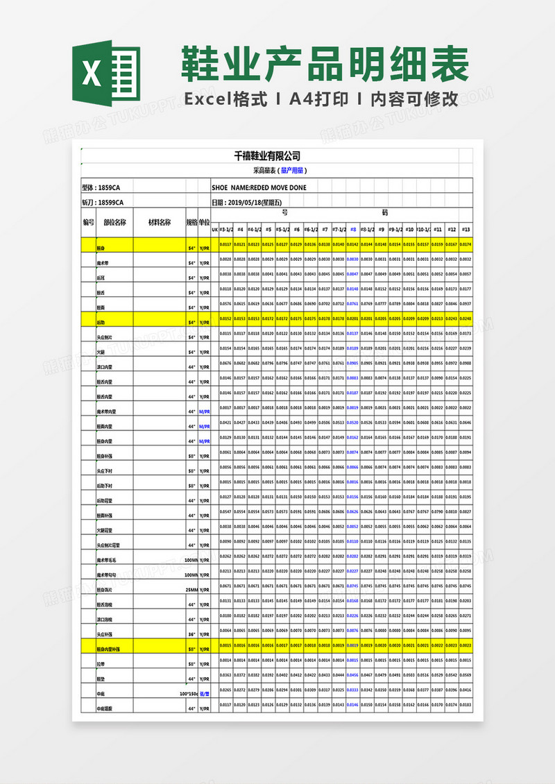 鞋业生产部位用量计算表(BOM)exel模板