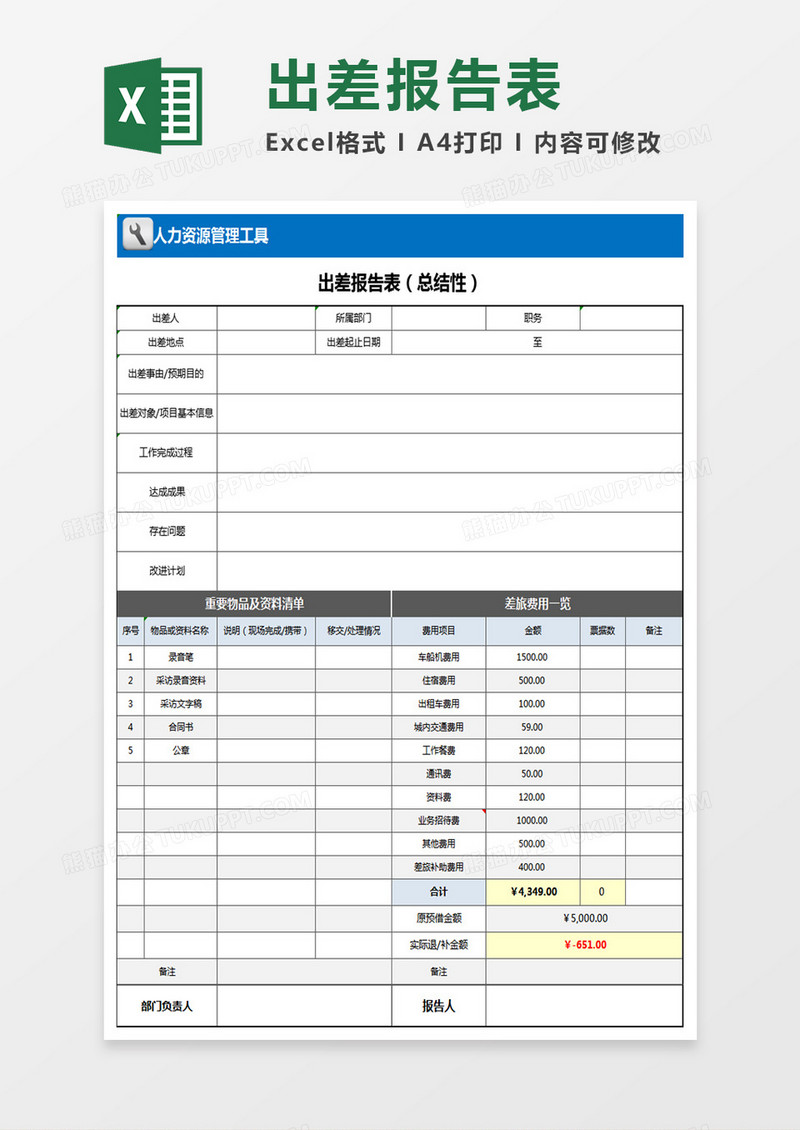 出差报告表Excel表格