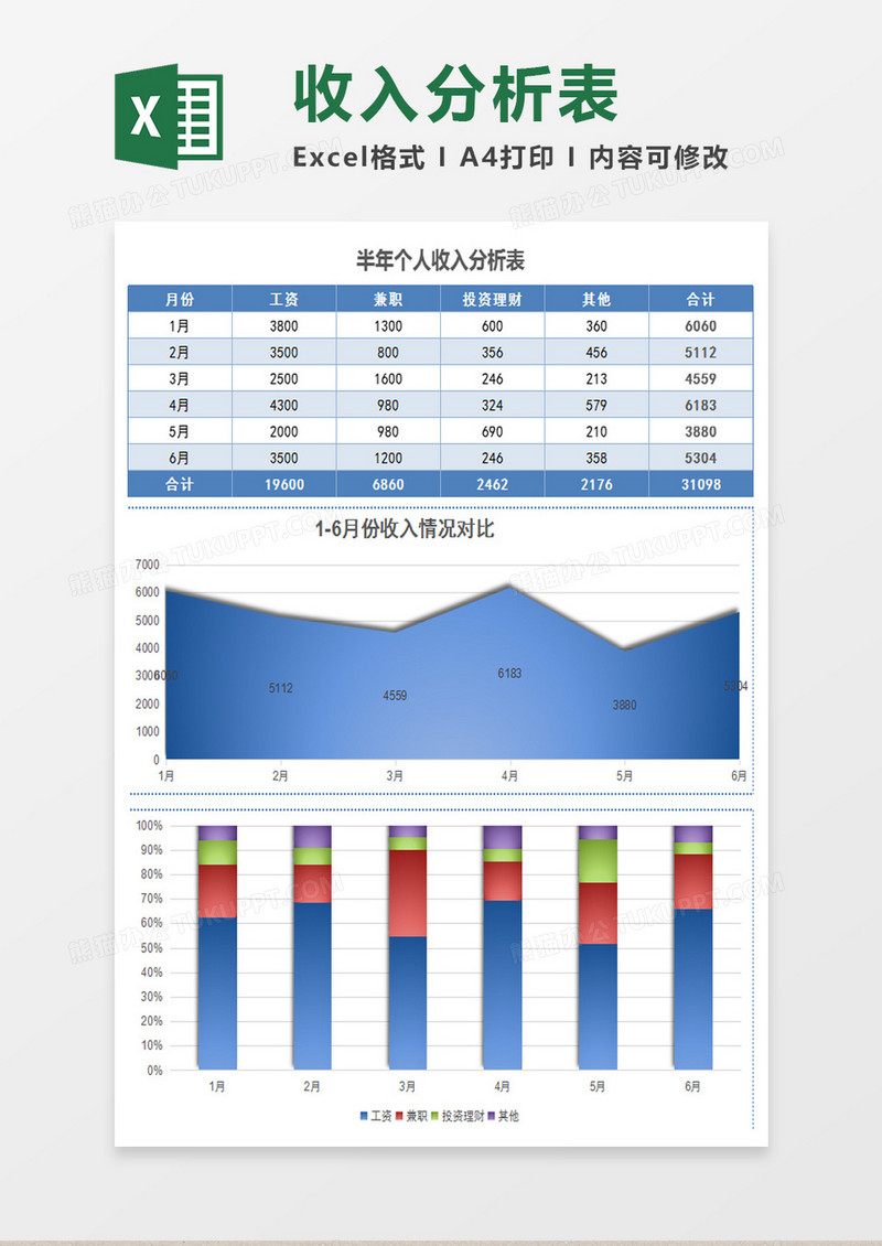 蓝色实用半年个人收入分析表excel模板