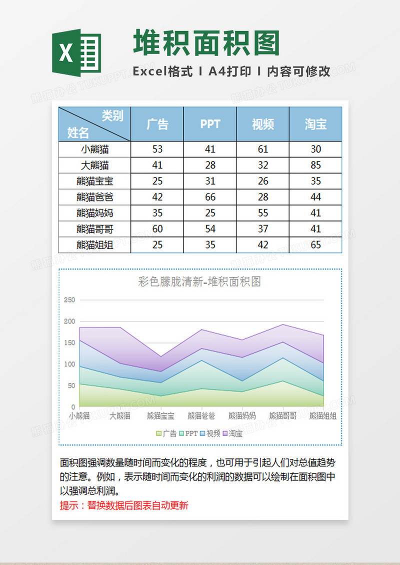 蓝色雾面磨砂堆积面积图excel模板