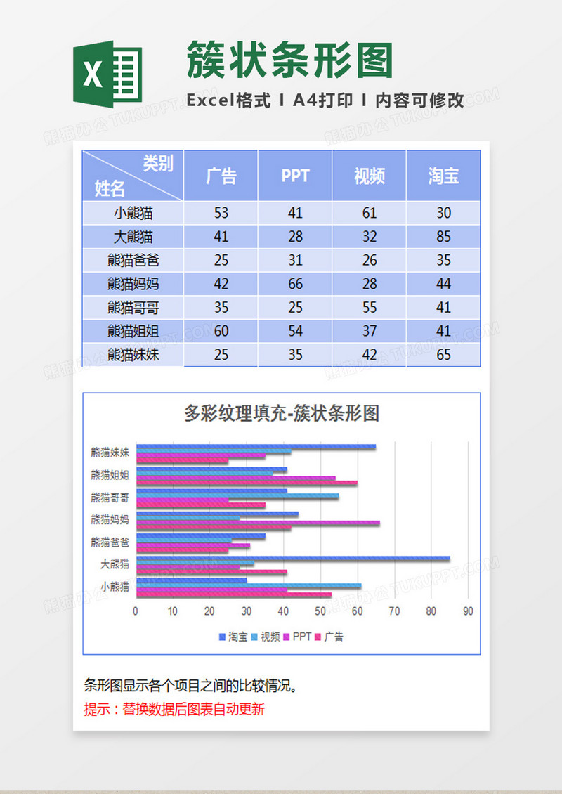 多彩立体纹理簇状条形图excel模板