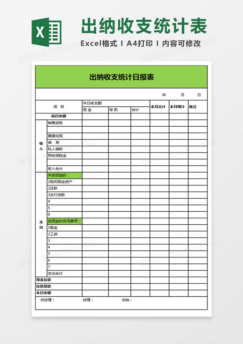 企业出纳收支统计日报表