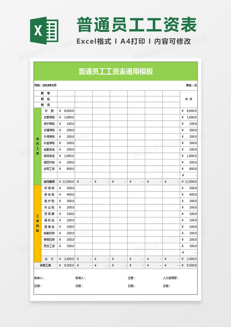 企业普通员工工资表通用Excel模板