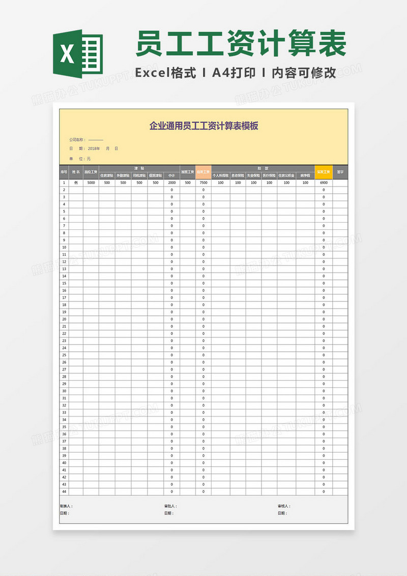 企业员工工资计算表模板通用模板