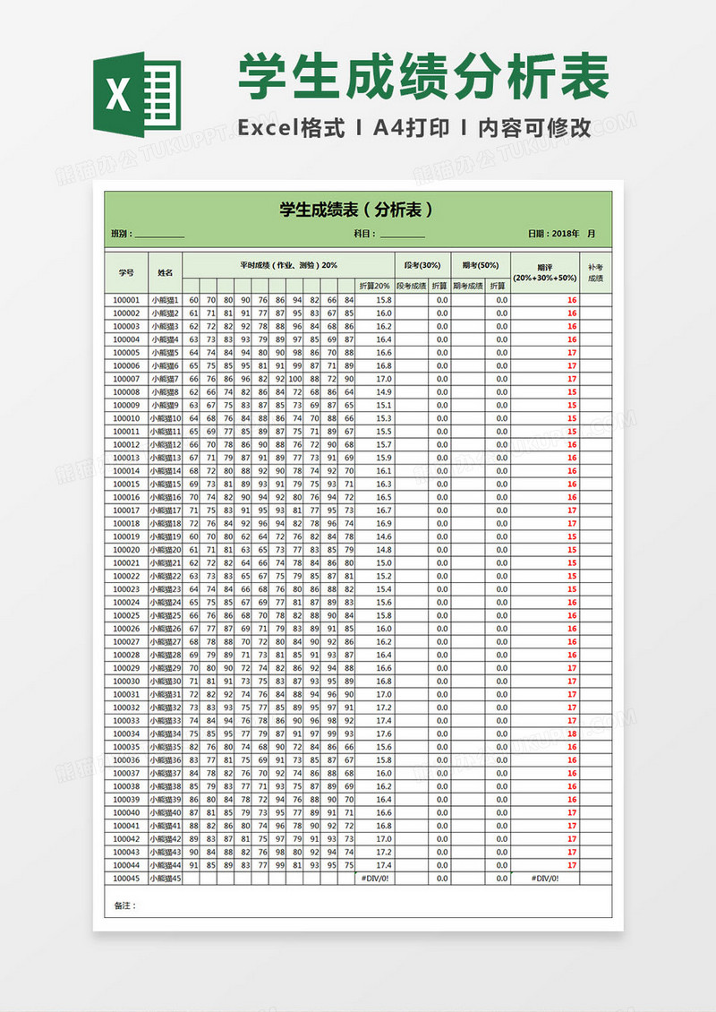 班级学生成绩表（分析表）