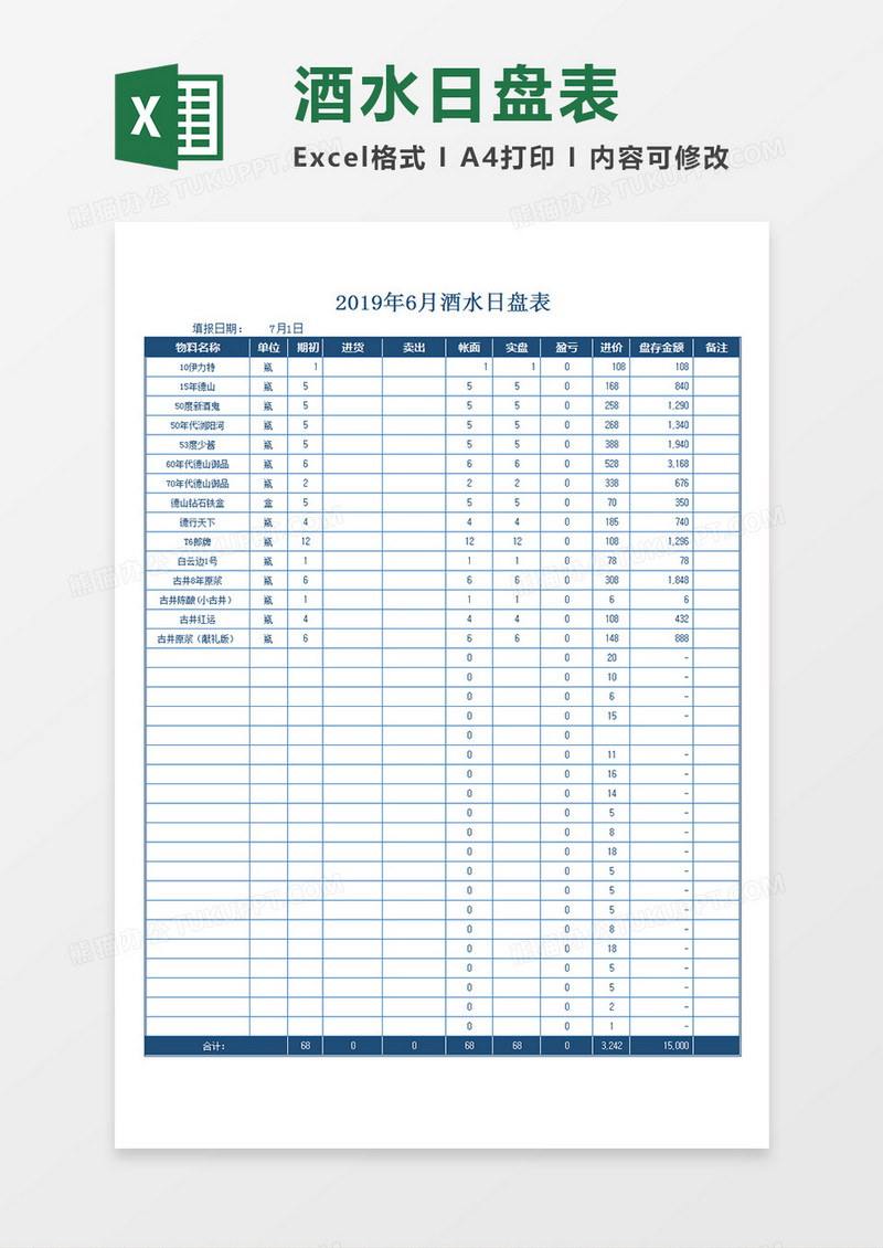 酒水日盘表酒品物料日盘表Excel模板