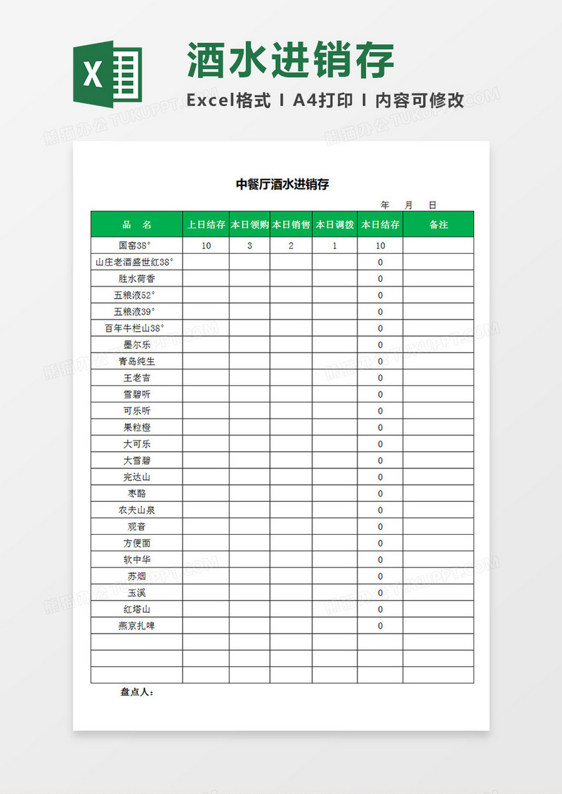 中餐厅酒水进销存日记录表单Excel模板