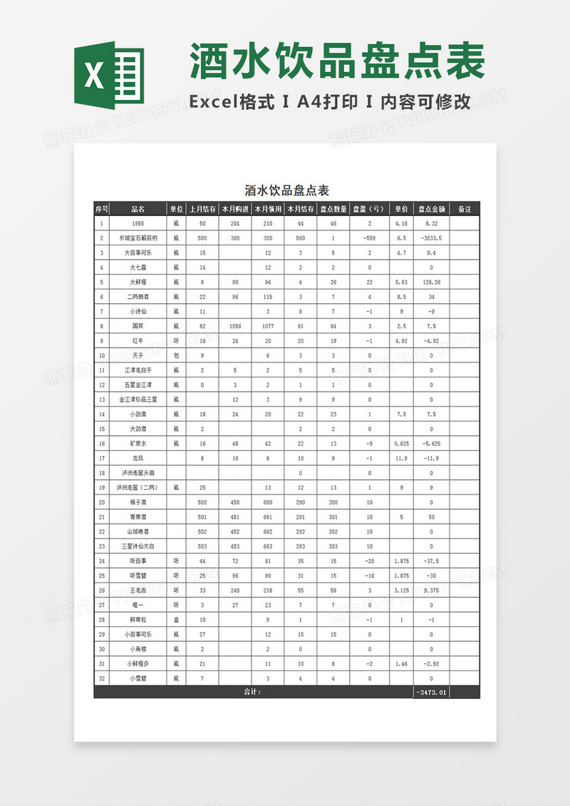 酒水饮品盘点表酒水盘点记录Excel模板