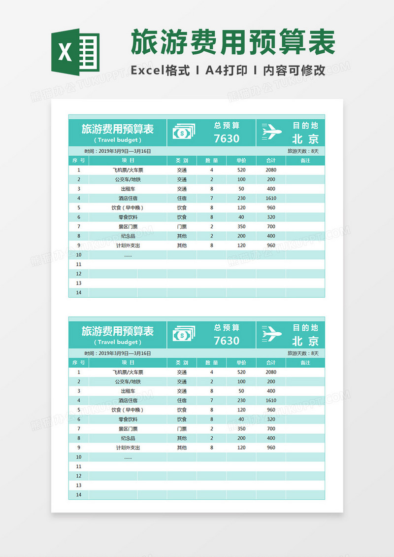 旅游费用预算表旅游项目安排表Excel模板