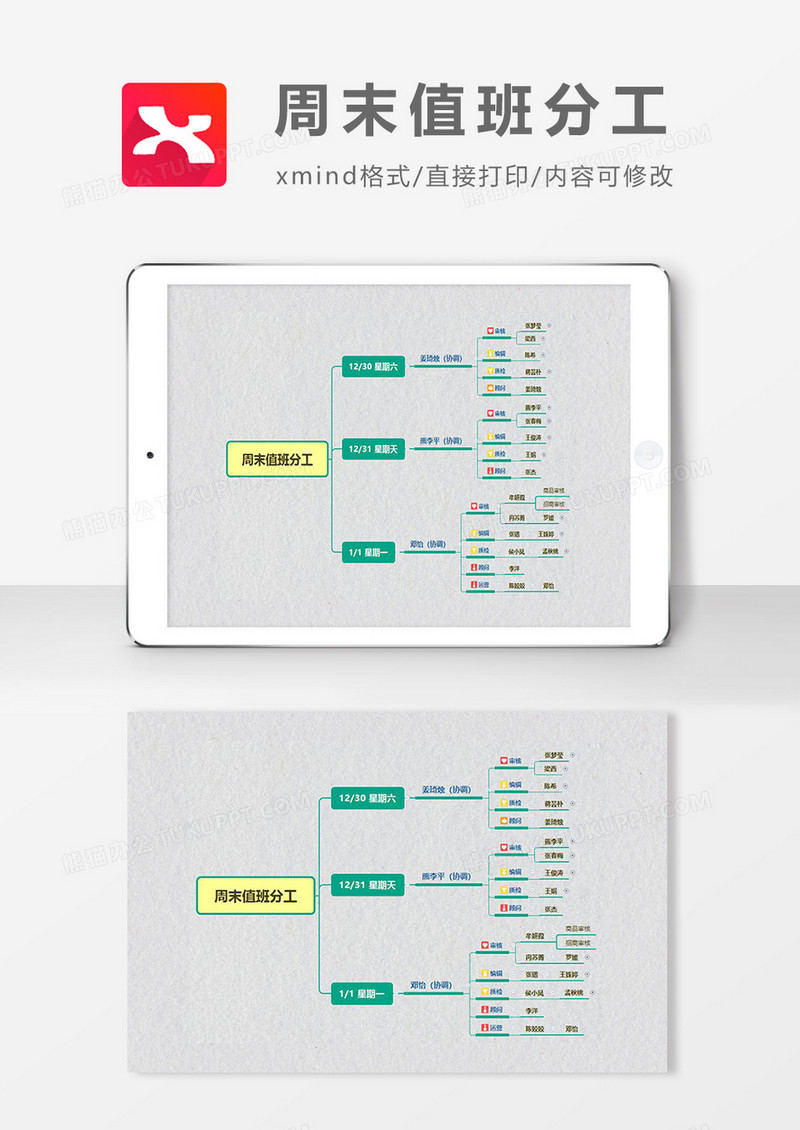 思维导图周末值班分工XMind模板