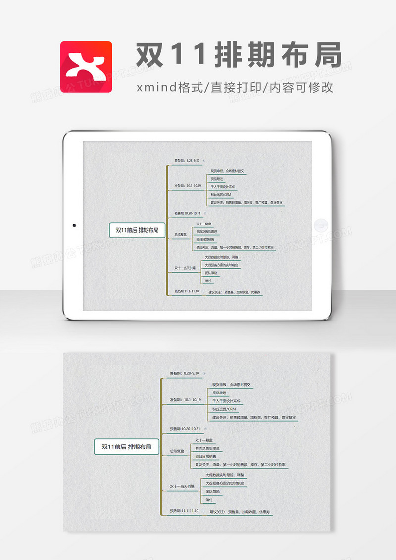 思维导图简洁双十一排期布局XMind模板