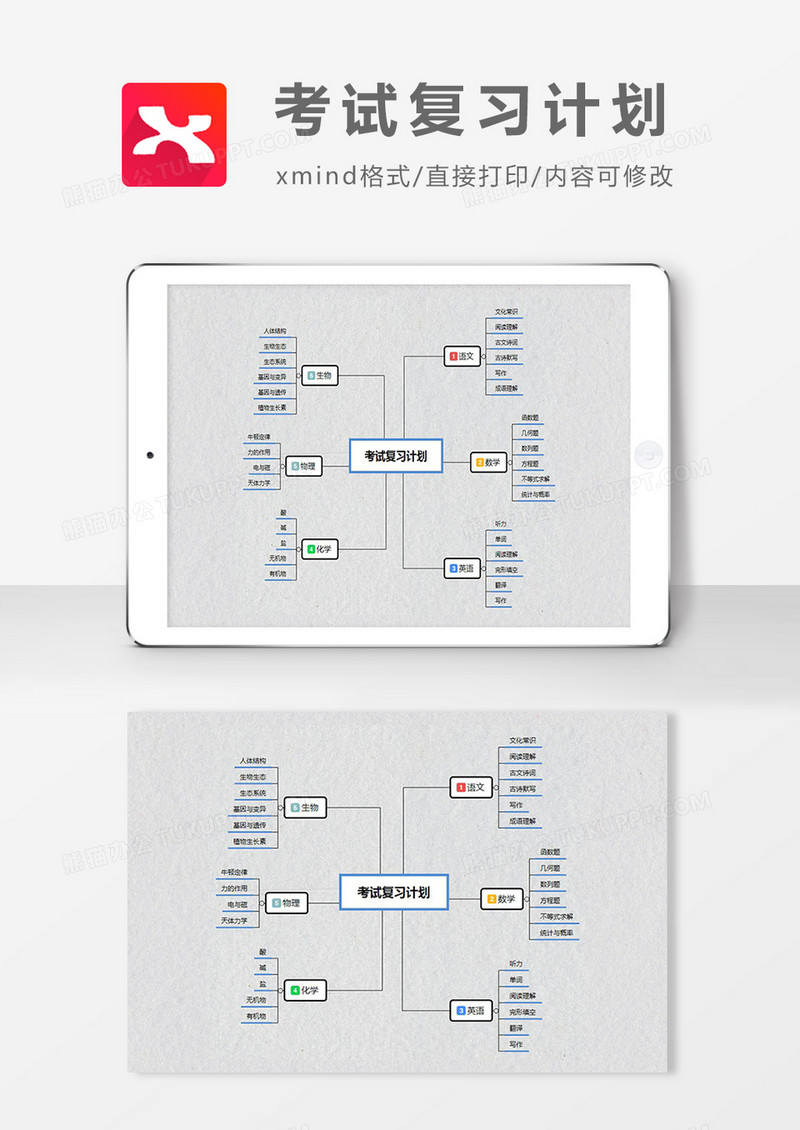 考试复习计划思维导图简约大气XMind模板