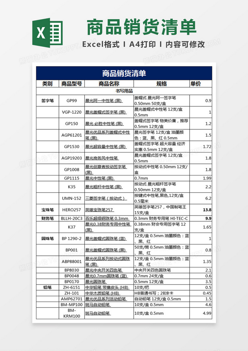 办公用品清单及报价（超全）excel表格