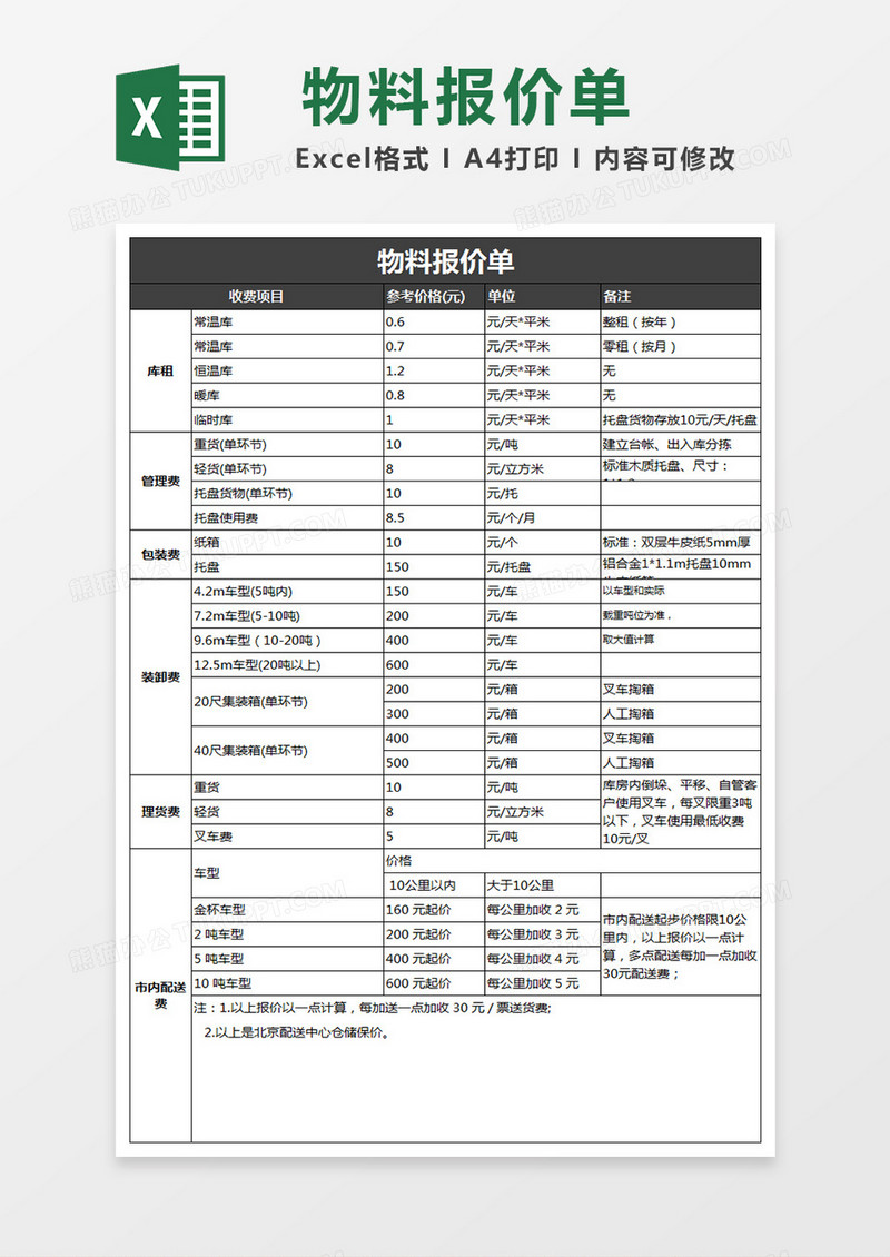 物流报价单excel表格模板