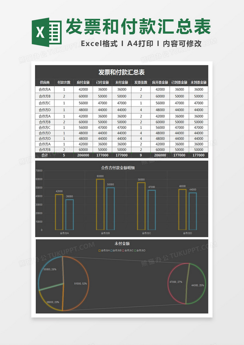 黑色采购发票和付款汇总表excel模板