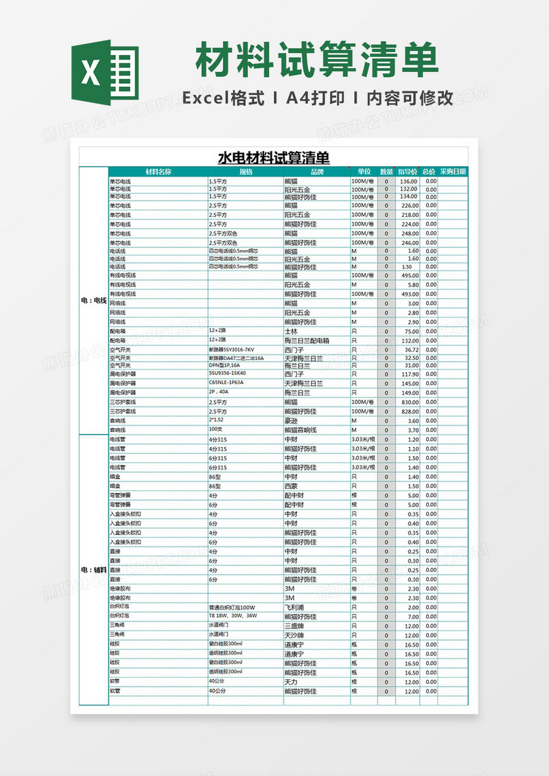 水电材料试算清单