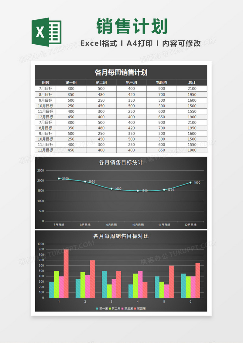 黑色立体各月每周销售计划表excel模板