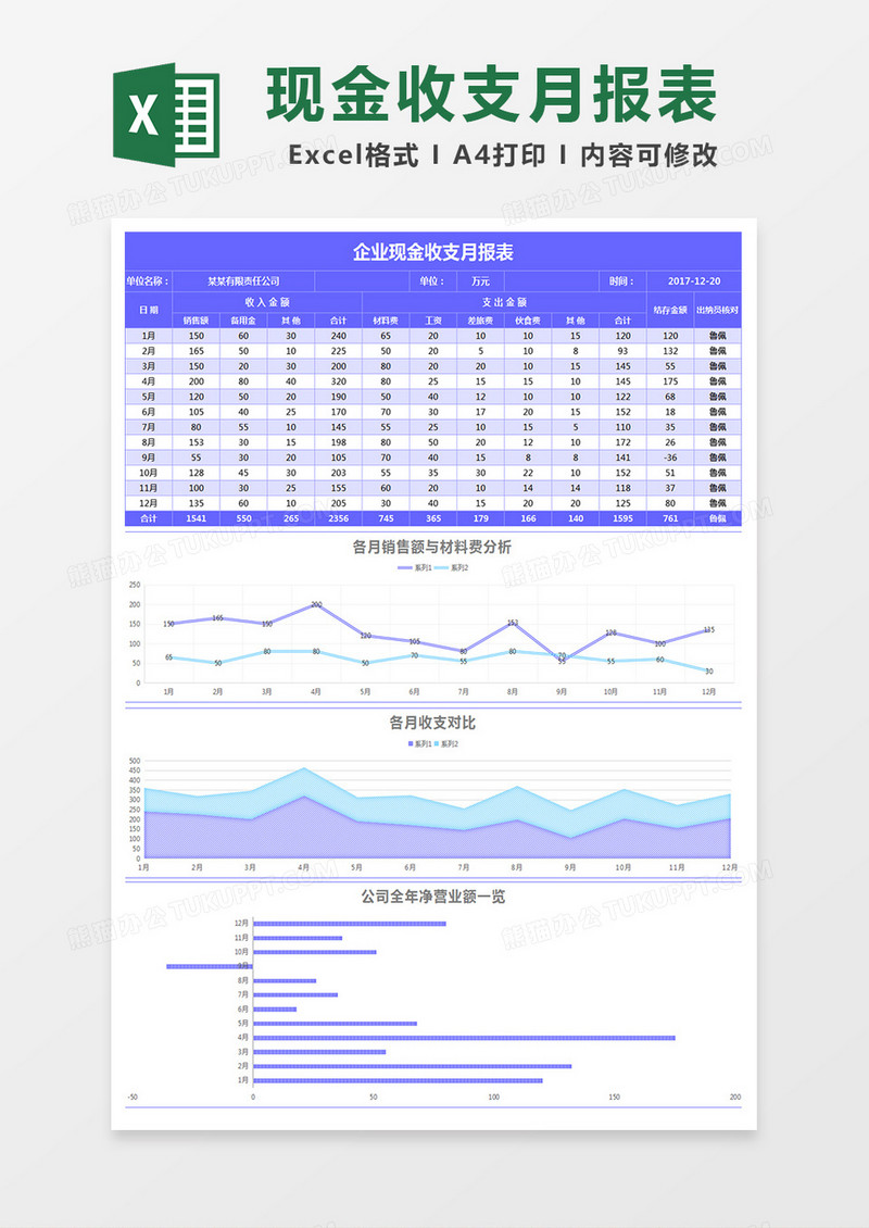 蓝色建业U现金收支月报表excel模板