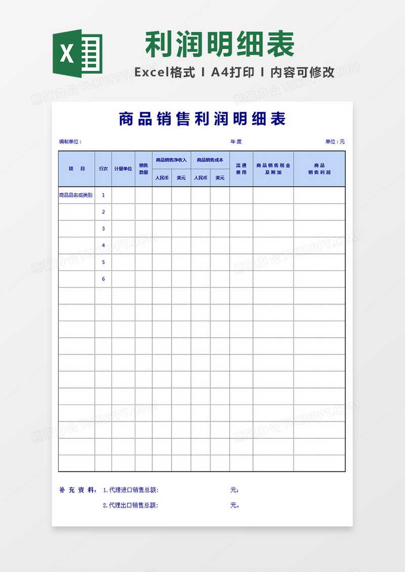 商品销售利润明细表excel模版