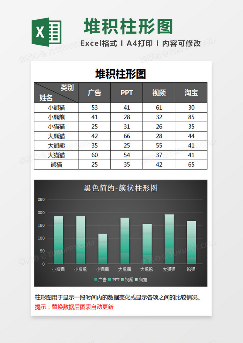 个性立体渐变堆积柱形图excel模板