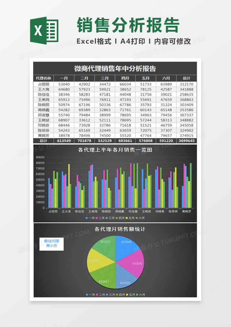 黑色微商代理销售年中分析excel模板