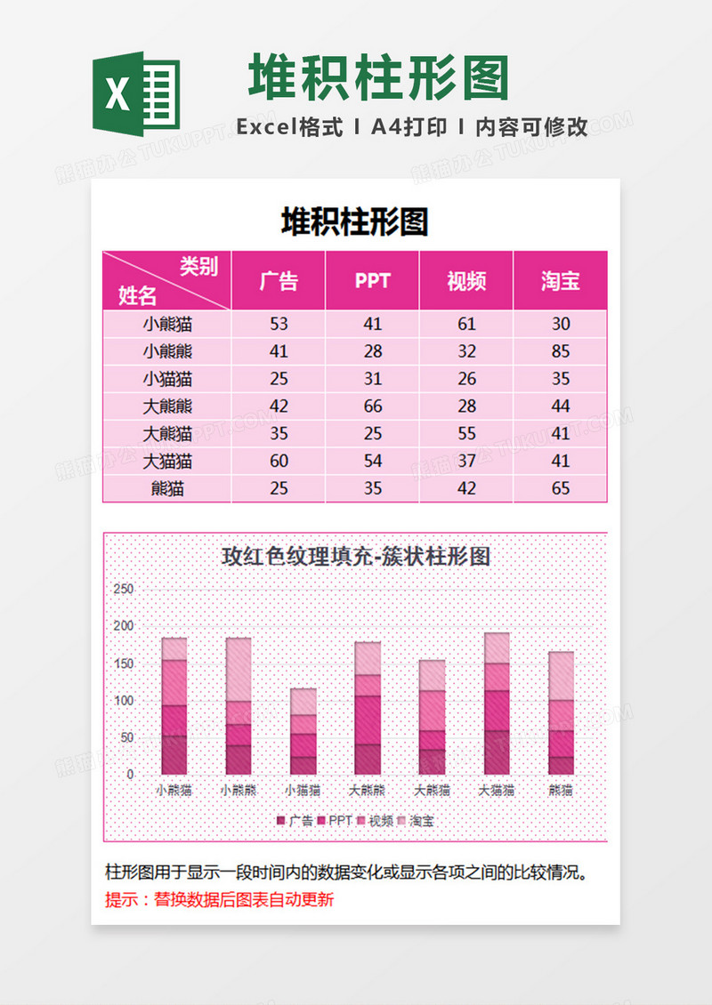 玫红色纹理填充堆积柱形图excel模板